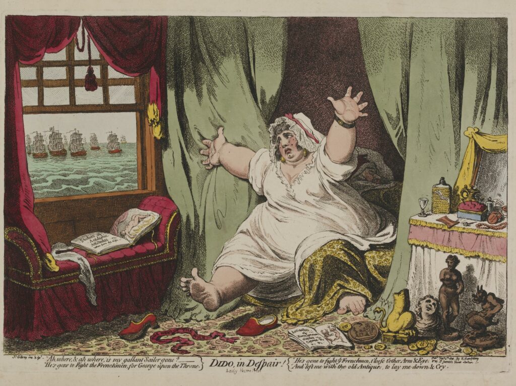 Gillray, Dido, in despair! (Emma Hamilton lamenting Nelson's departure), 1801