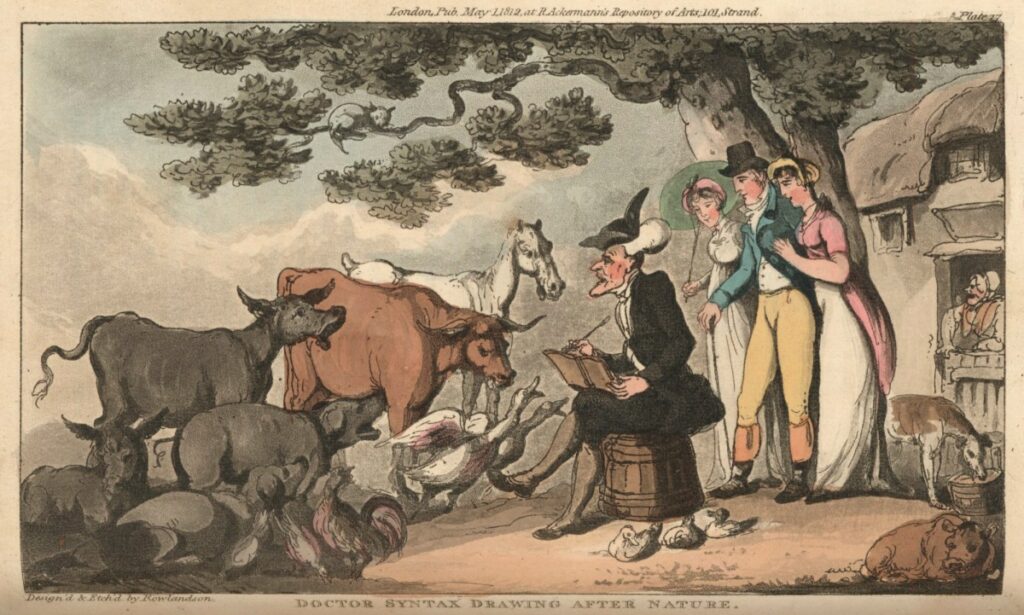 Rowlandson, Doctor Syntax drawing cattle, 1812