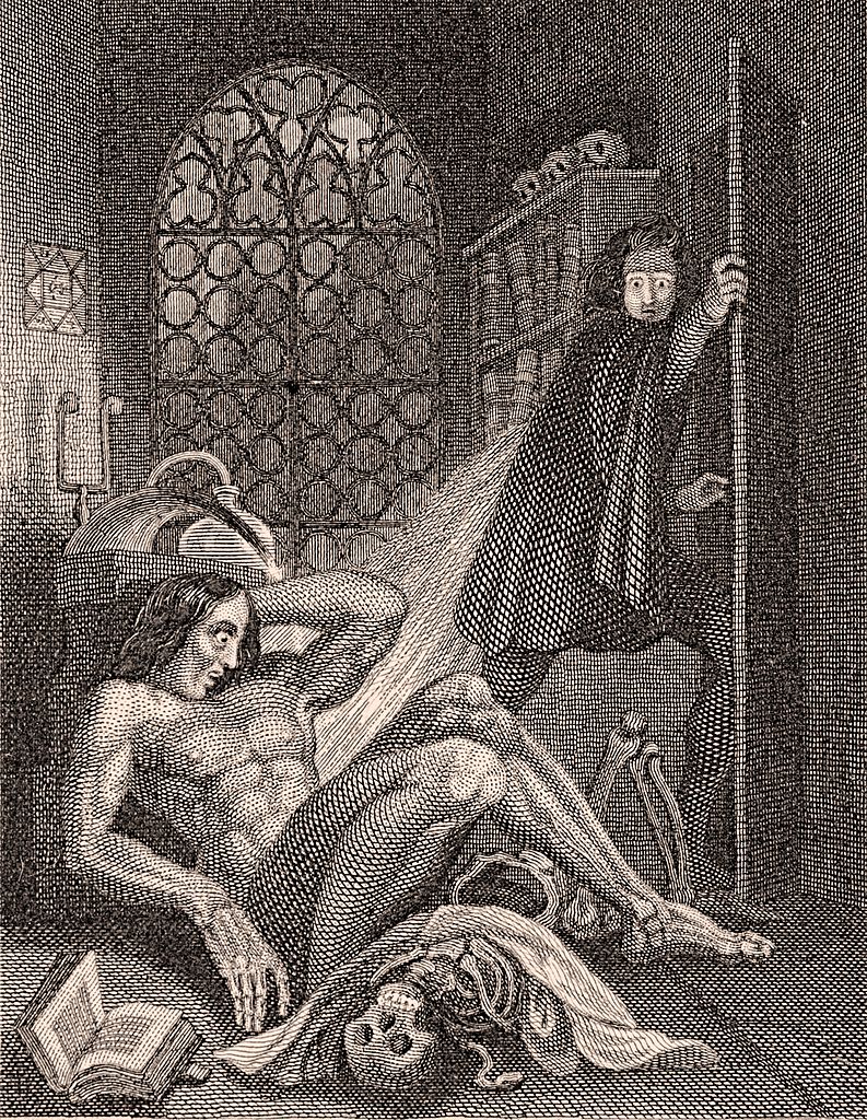 Frankenstein disgusted at his creation, 1831 edition of Mary Shelley's novel