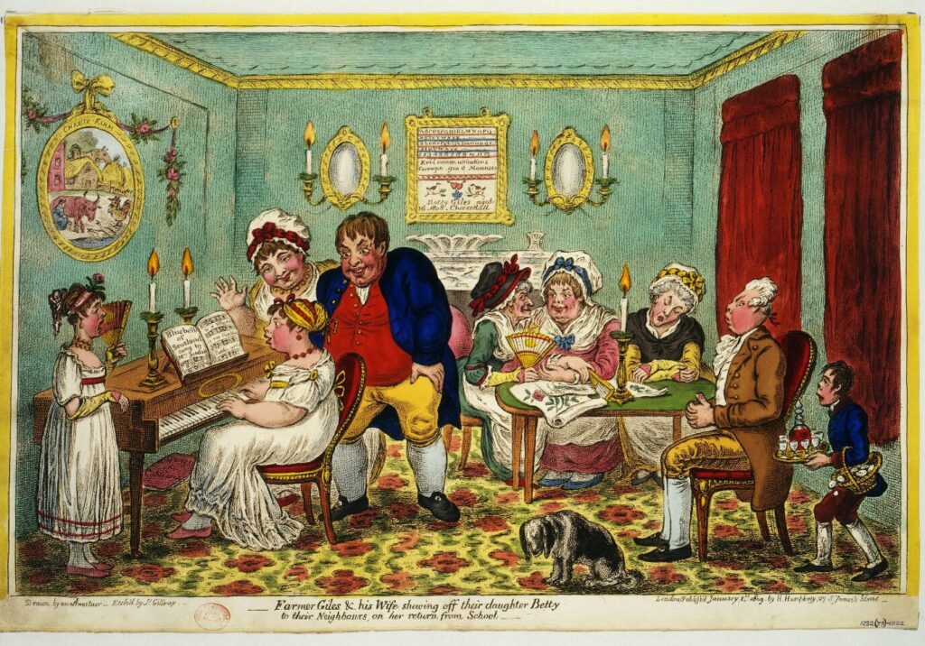 Gillray, Farmer Giles and his wife shewing off their daughter Betty to their neighbours, 1809