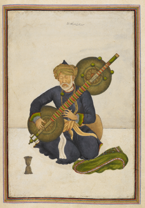 Miyan Himmat Khan kalāwant, chief hereditary musician to the last of the Mughal emperors Akbar Shah and Bahadur Shah Zafar. From James Skinner’s Tashrīh al-Aqwām, Hansi (near Delhi) (1825)