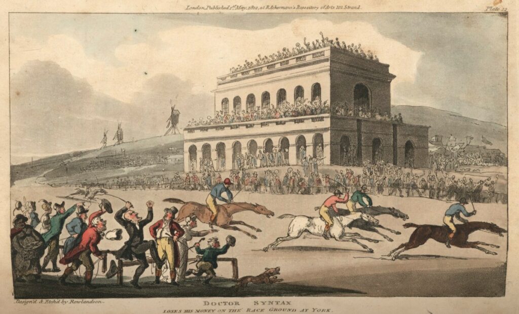 Rowlandson, Doctor Syntax loses his money on the race-ground at York, 1812