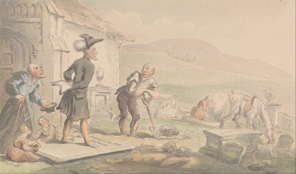 Rowlandson, Doctor Syntax meditating on the tombstones, 1820