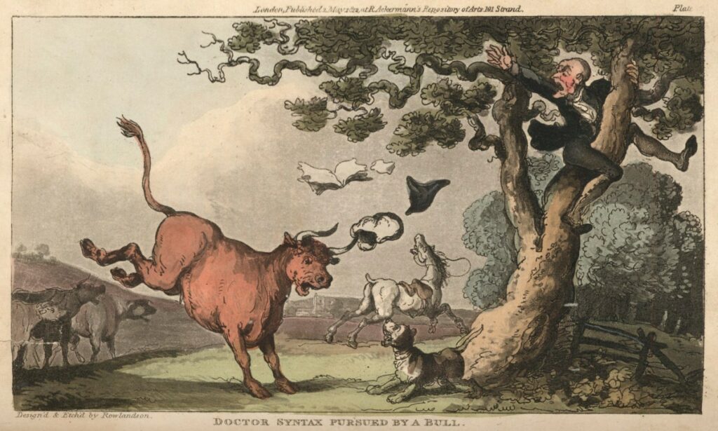 Rowlandson, Doctor Syntax pursued by a bull, 1812