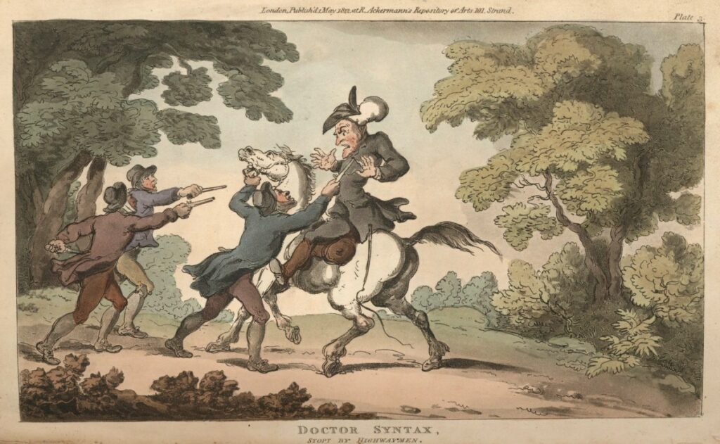 Rowlandson, Doctor Syntax stopt by highwaymen, 1812
