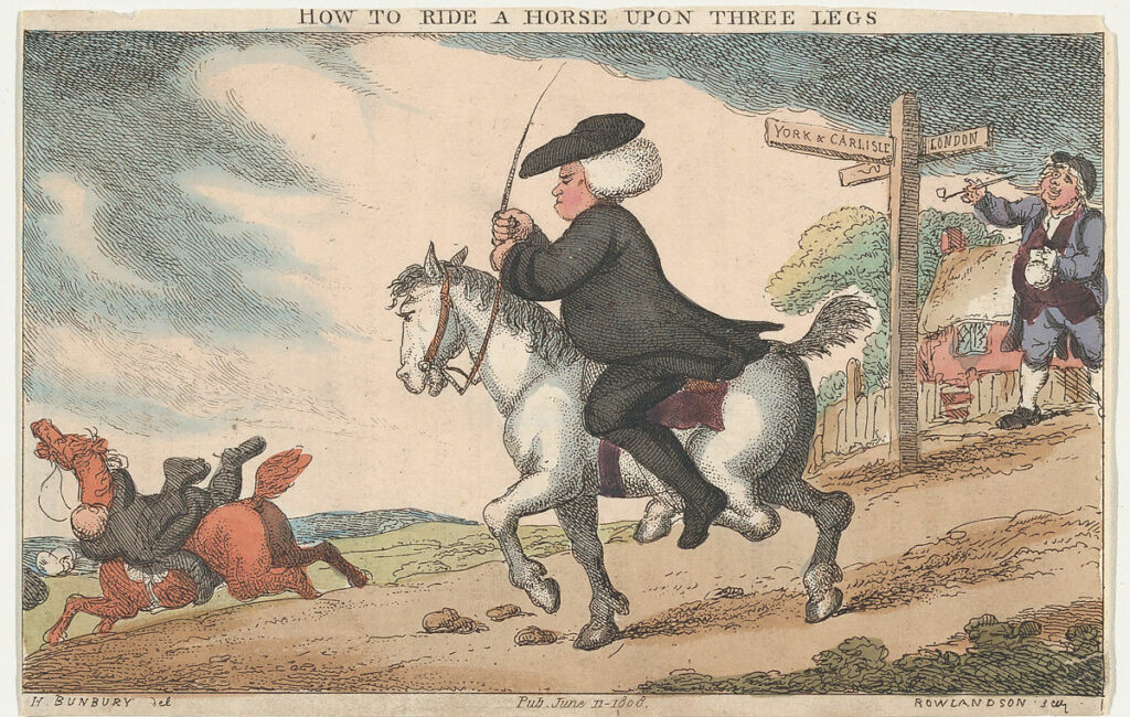Rowlandson, How to ride a horse upon three legs, 1808